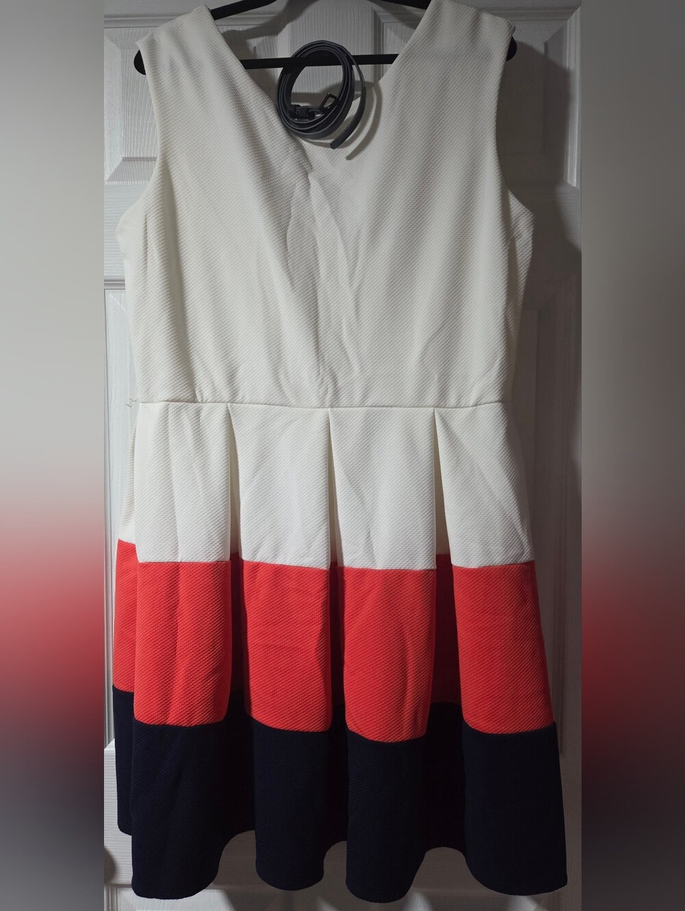 Women’s Colorblock Pleated Skirt - White & Coral with Navy Trim